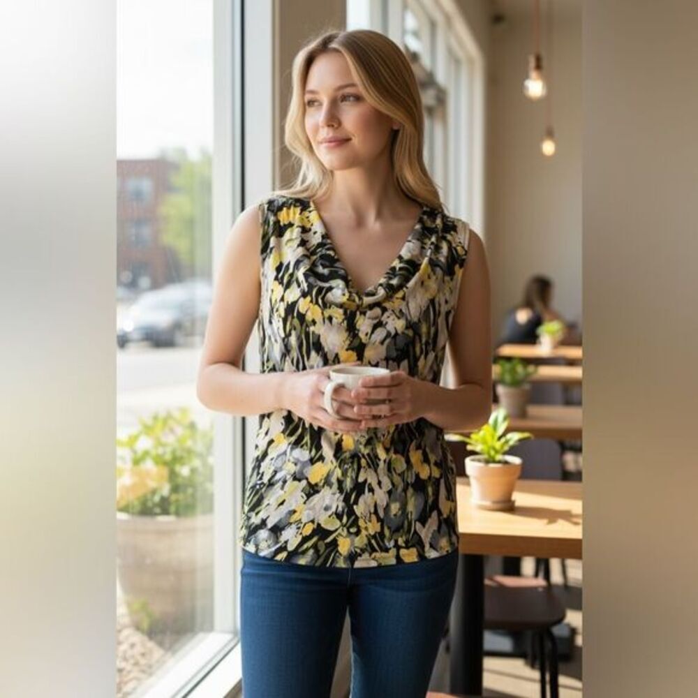 EUC Jones Studio Women’s Sleeveless Yellow Black Floral Blouse Top - Size Large